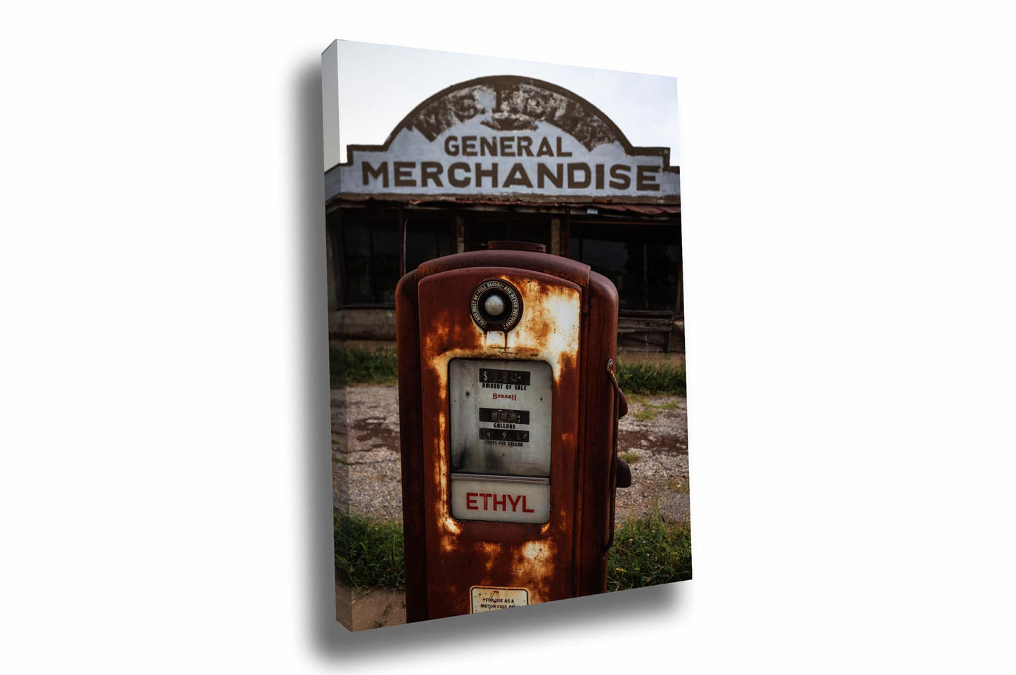 Vertical Rustic Americana gallery wrapped canvas wall art of an old ethyl gas pump at a roadside station along a highway in Oklahoma by Sean Ramsey of Southern Plains Photography.