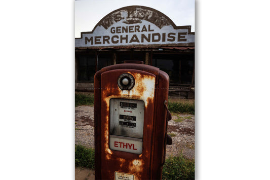 Vertical Rustic Americana photography print of an old ethyl gas pump at a roadside station along a highway in Oklahoma by Sean Ramsey of Southern Plains Photography.