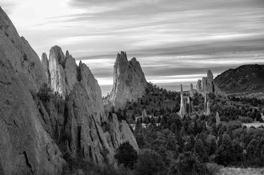 Black and White Rocky Mountain photography print of the Garden of the Gods on a chilly winter morning in Colorado Springs, Colorado by Sean Ramsey of Southern Plains Photography.