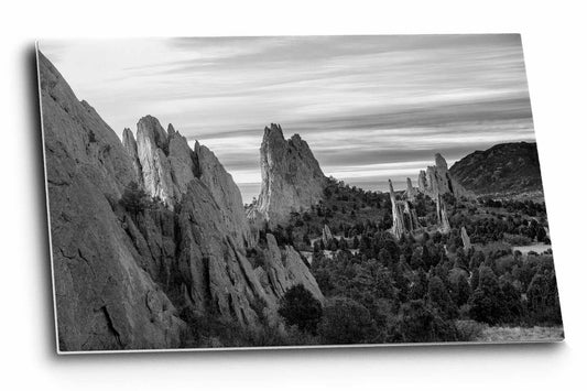 Rocky Mountain metal print of the Garden of the Gods on a chilly winter morning in Colorado Springs, Colorado in black and white by Sean Ramsey of Southern Plains Photography.
