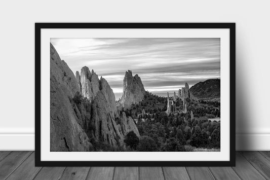 Framed Rocky Mountain print in black and white of the Garden of the Gods on a chilly winter morning in Colorado Springs, Colorado by Sean Ramsey of Southern Plains Photography.