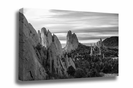 Rocky Mountain canvas wall art of the Garden of the Gods on a chilly winter morning in Colorado Springs, Colorado in black and white by Sean Ramsey of Southern Plains Photography.
