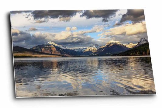 Rocky Mountain metal print wall art of snowy peaks overlooking Lake McDonald on an autumn evening in Glacier National Park, Montana by Sean Ramsey of Southern Plains Photography.