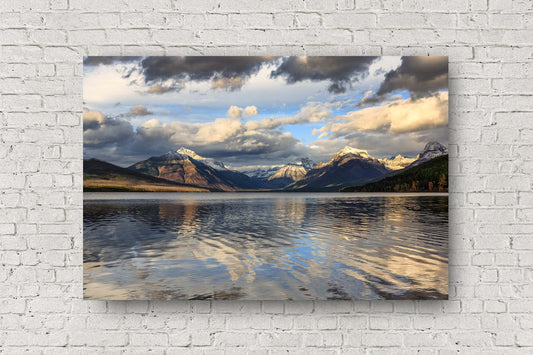 Rocky Mountain metal print wall art of snowy peaks overlooking Lake McDonald on an autumn evening in Glacier National Park, Montana by Sean Ramsey of Southern Plains Photography.