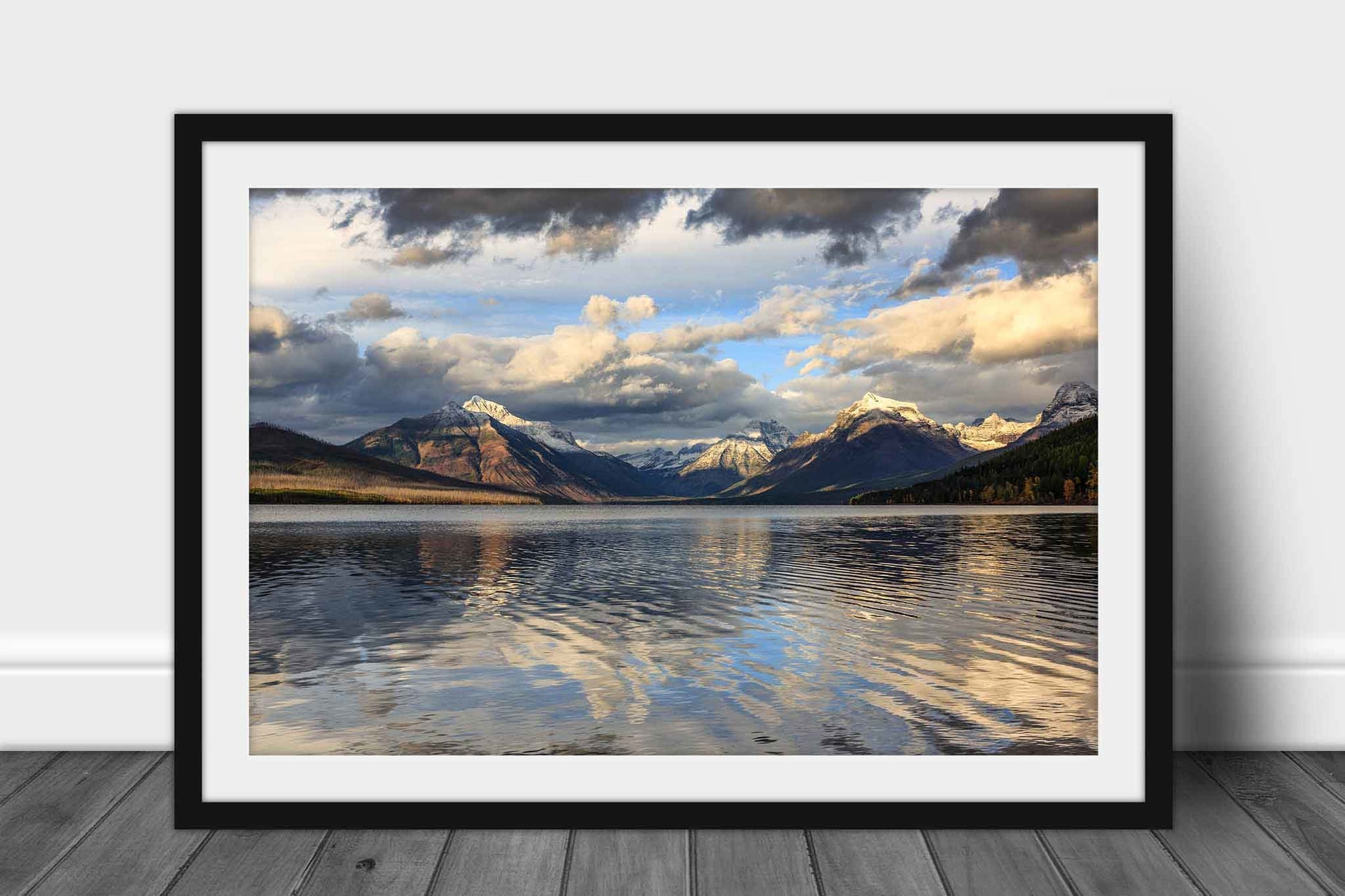 Framed and matted Glacier National Park print of snowy peaks overlooking Lake McDonald on an autumn evening in Montana by Sean Ramsey of Southern Plains Photography.