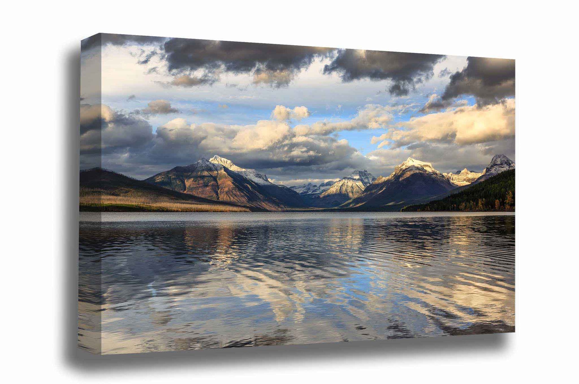 Rocky Mountain canvas wall art of snowy peaks overlooking Lake McDonald on an autumn evening in Glacier National Park, Montana by Sean Ramsey of Southern Plains Photography.