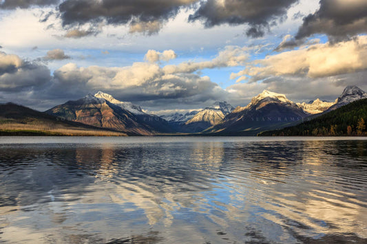 Rocky Mountain photography print of snowy peaks overlooking Lake McDonald on an autumn evening in Glacier National Park, Montana by Sean Ramsey of Southern Plains Photography.