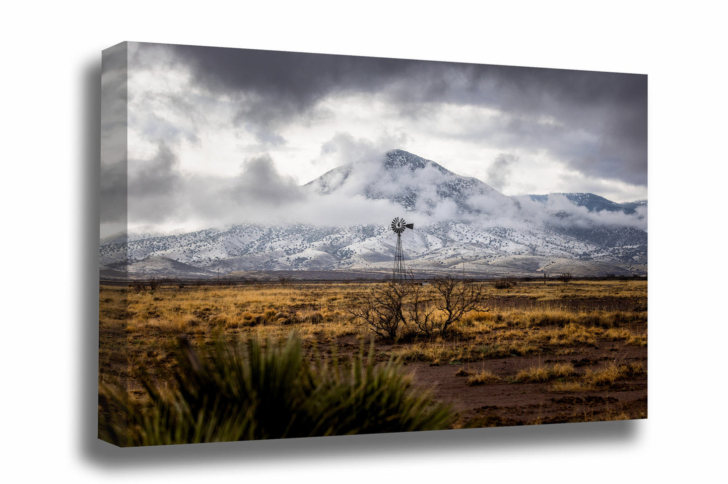 Western landscape canvas wall art of an old windmill standing in front of a snowy mountain on a winter day in the high desert of New Mexico by Sean Ramsey of Southern Plains Photography.