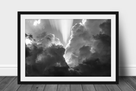 Framed black and white inspirational print of sunbeams bursting through storm clouds on a stormy day in Oklahoma by Sean Ramsey of Southern Plains Photography.