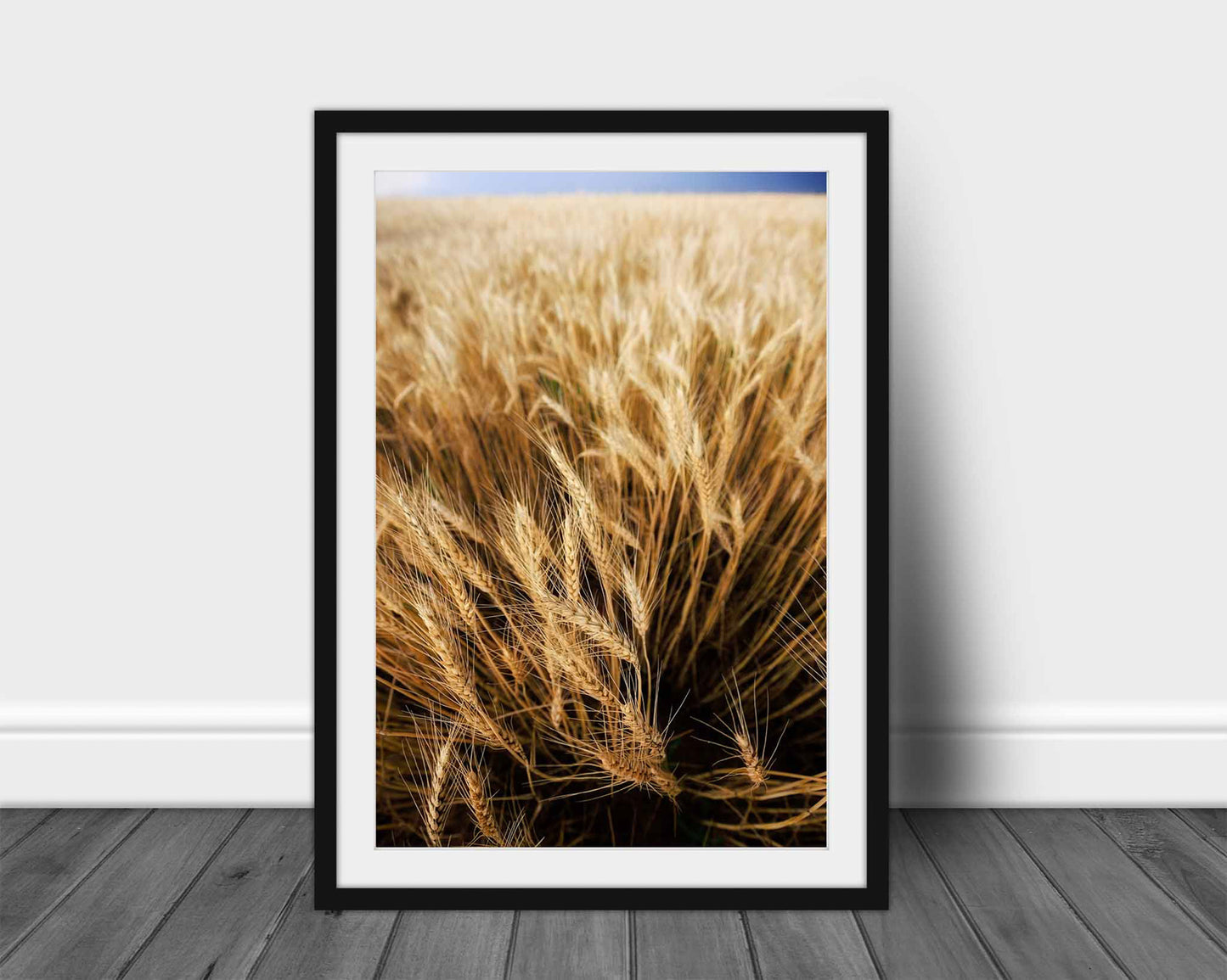 Vertical framed and matted farm print of golden wheat blowing in the wind on a stormy spring day in Oklahoma by Sean Ramsey of Southern Plains Photography.