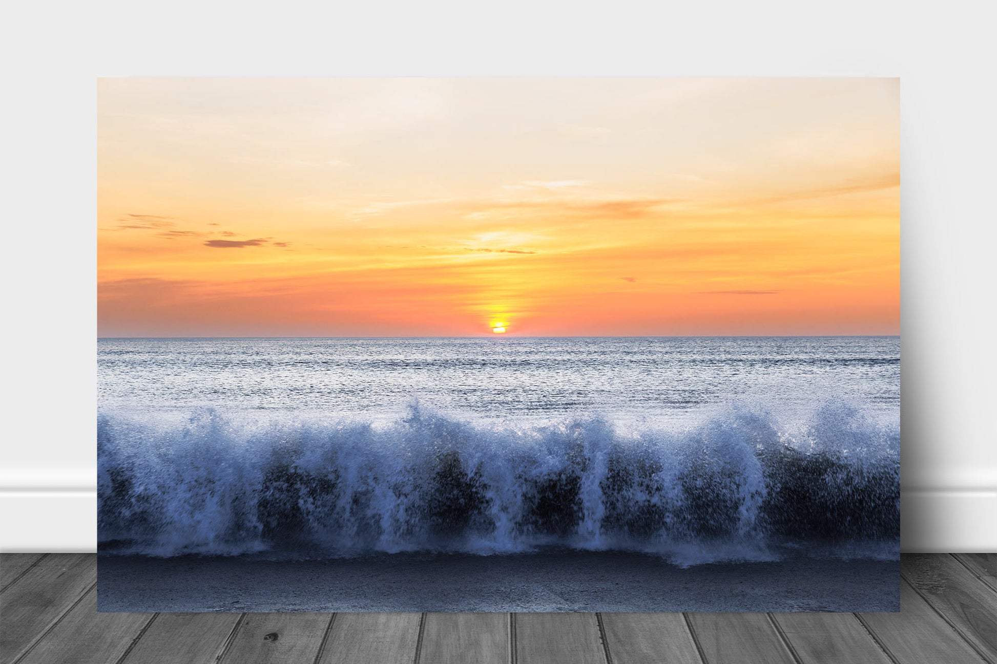 Coastal aluminum metal print wall art of waves crashing onto a beach as the sun rises over the Atlantic Ocean on the Outer Banks in North Carolina by Sean Ramsey of Southern Plains Photography.