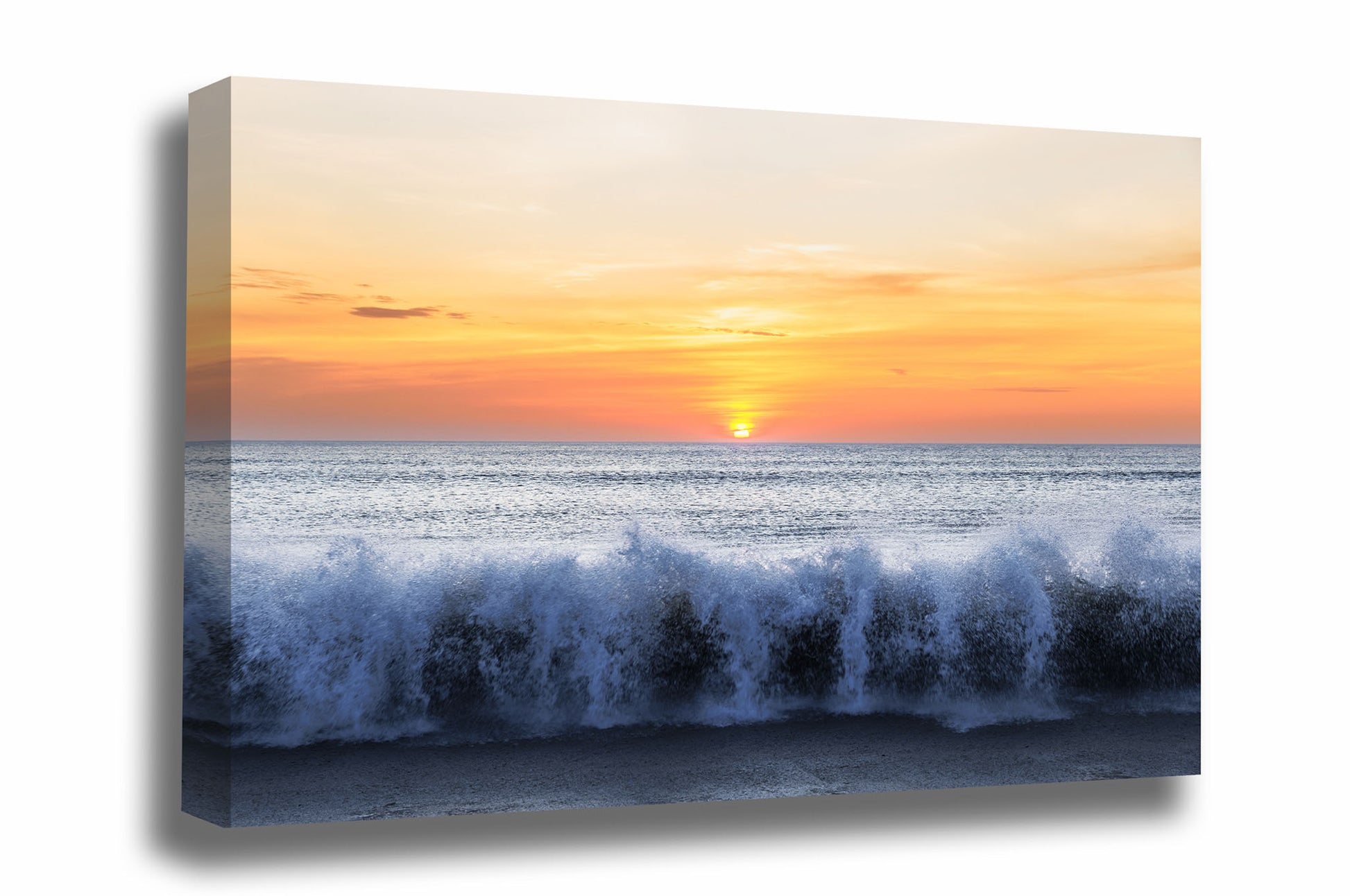Coastal gallery wrapped canvas wall art of waves crashing onto a beach as the sun rises over the Atlantic Ocean on the Outer Banks in North Carolina by Sean Ramsey of Southern Plains Photography.