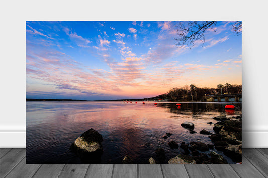 Landscape aluminum metal print wall art of a serene sky over Grand Lake at sunset on a late winter evening in northeastern Oklahoma by Sean Ramsey of Southern Plains Photography.