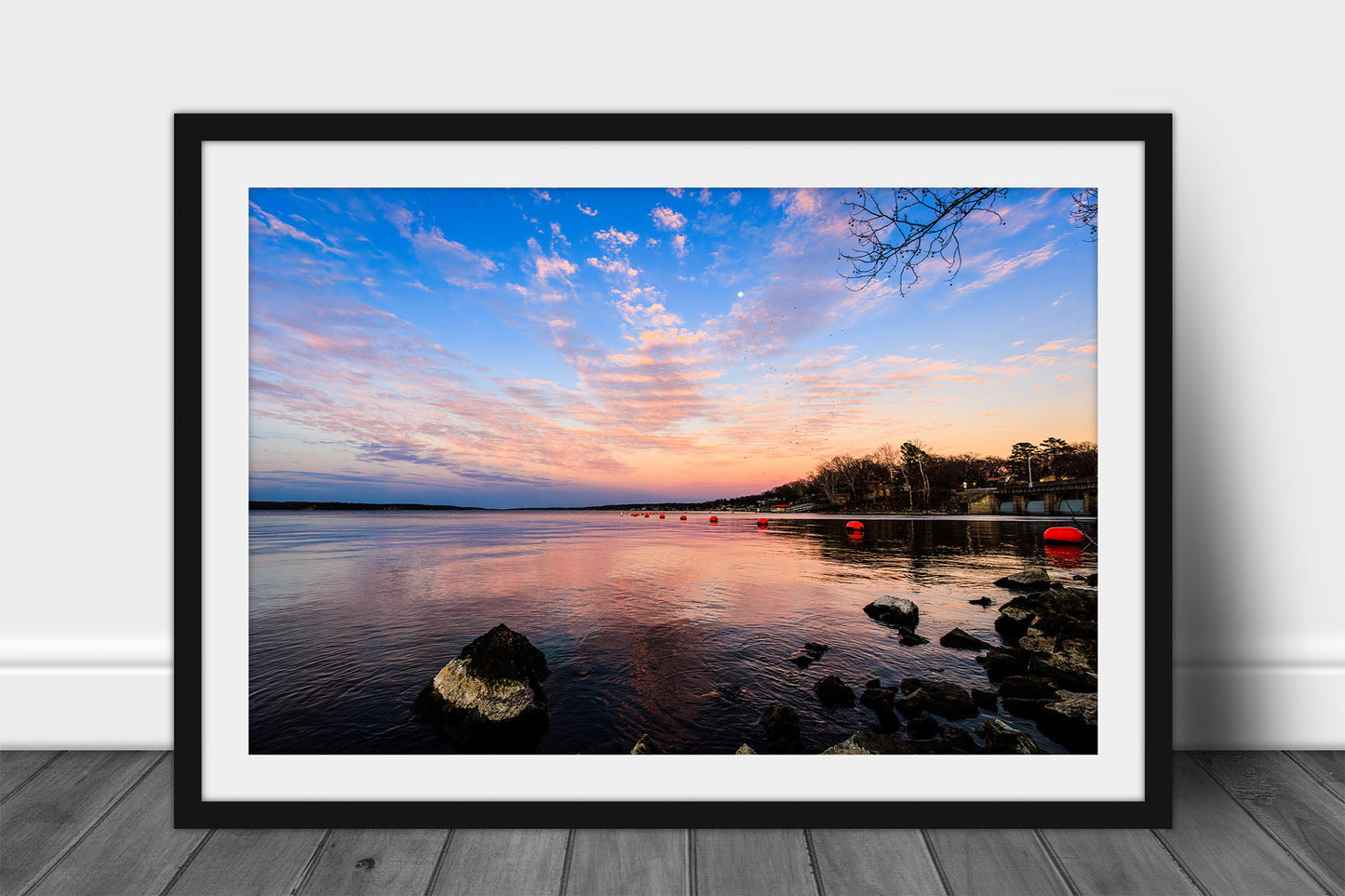 Framed and matted landscape print of a serene sky over Grand Lake at sunset on a late winter evening in northeastern Oklahoma by Sean Ramsey of Southern Plains Photography.
