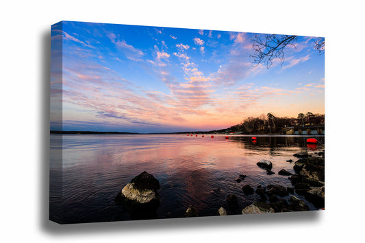Landscape canvas wall art of a serene sky over Grand Lake at sunset on a late winter evening in northeastern Oklahoma by Sean Ramsey of Southern Plains Photography.