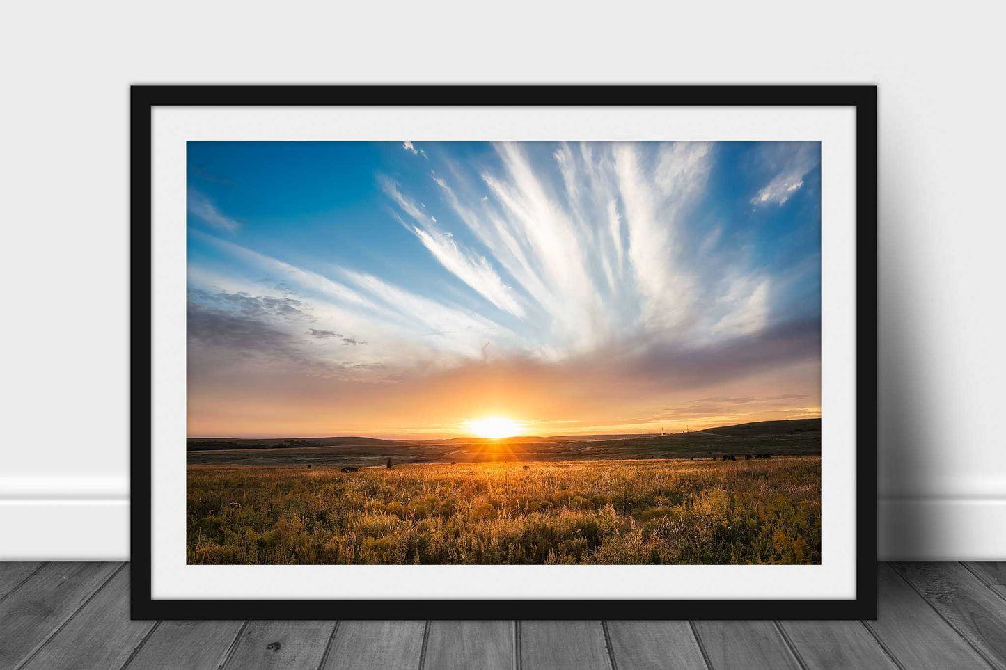 Framed Great Plains print of a golden sunset taking place over the Tallgrass Prairie on an autumn evening in Osage County, Oklahoma by Sean Ramsey of Southern Plains Photography.