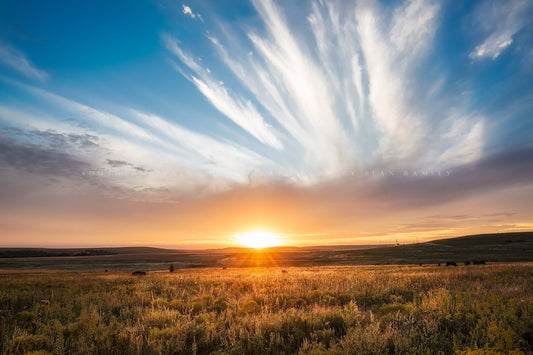 Great Plains photography print of a scenic sunset on an autumn evening over the Tallgrass Prairie Preserve near Pawhuska, Oklahoma by Sean Ramsey of Southern Plains Photography.