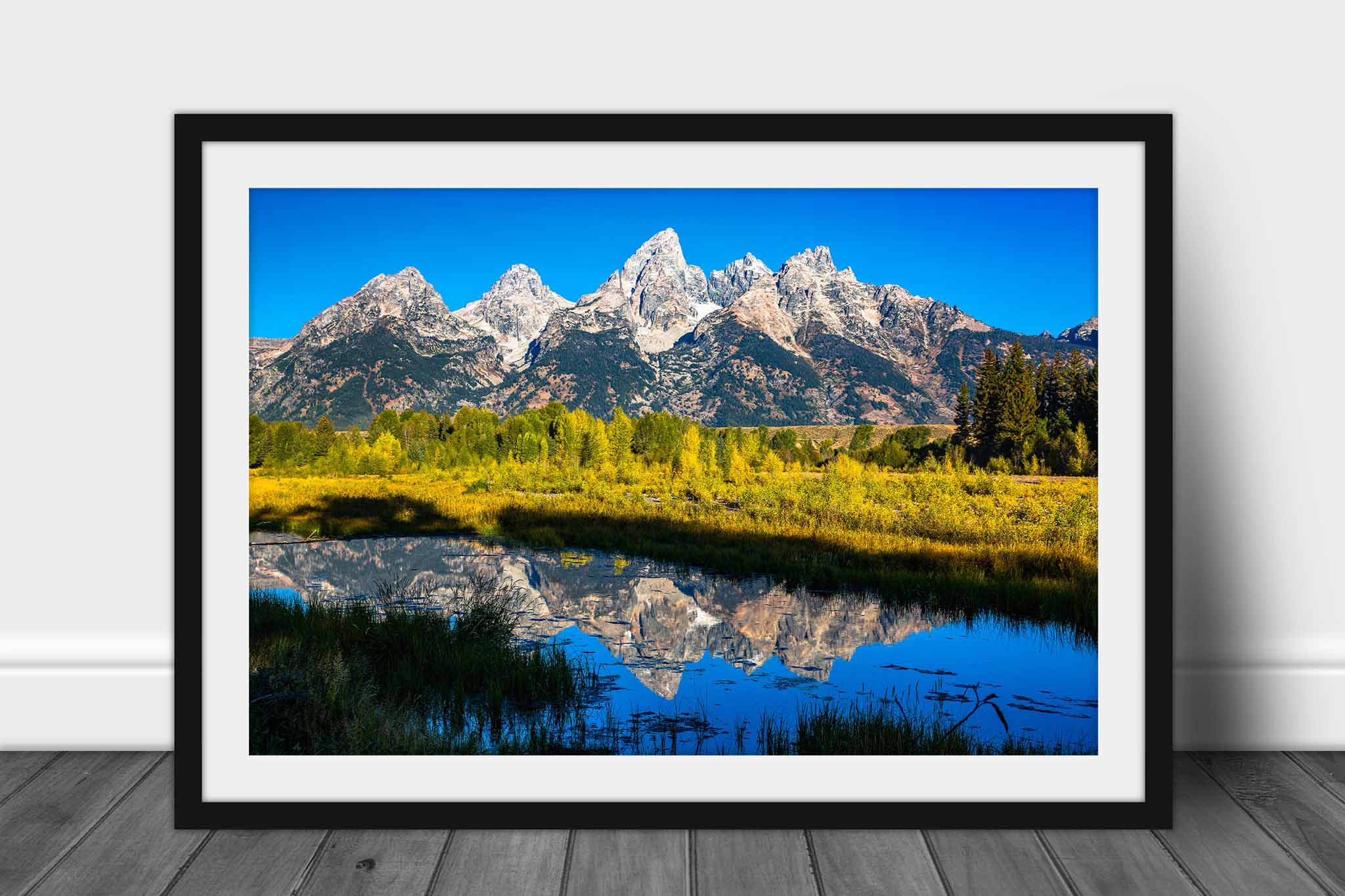 Framed Rocky Mountain print of Grand Teton reflecting off the water at Schwabacher's Landing on an autumn day in Grand Teton National Park, Wyoming by Sean Ramsey of Southern Plains Photography.