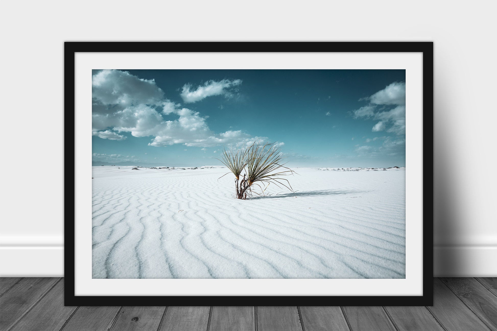 Framed and matted vintage style print of a yucca plant in the rippled sand of White Sands National Park near Alamogordo, New Mexico by Sean Ramsey of Southern Plains Photography.