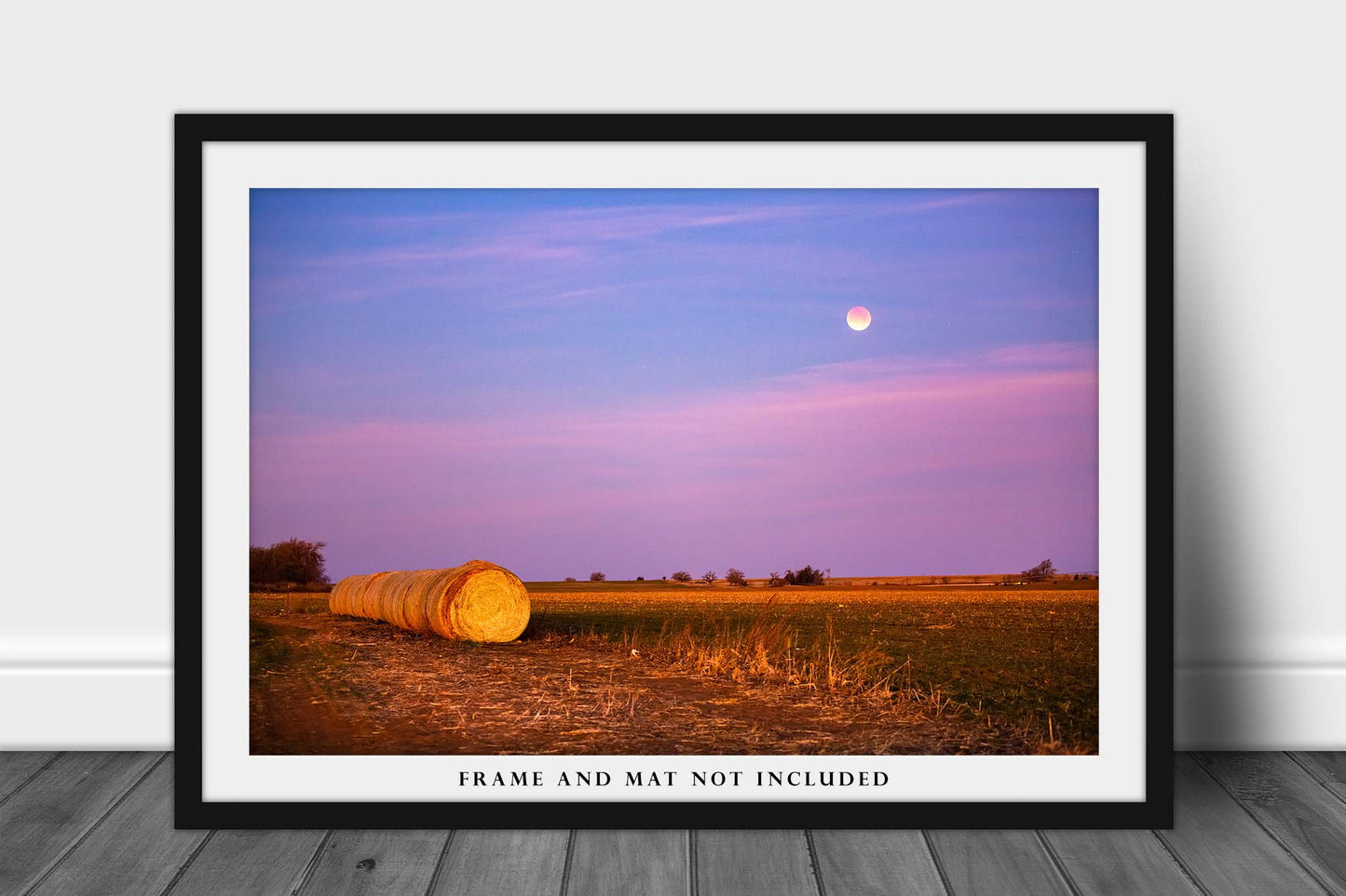 Country Wall Art - Picture of Round Hay Bales Under Blood Moon in Oklahoma - Celestial Farm Photography Photo Print Artwork Decor