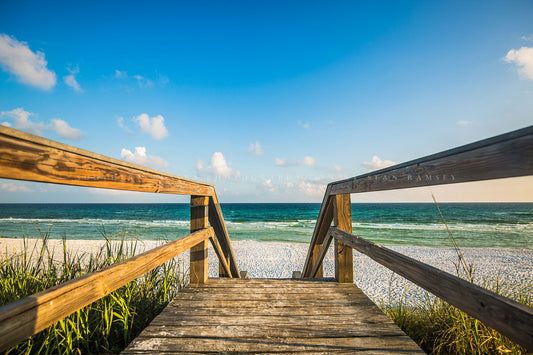 Coastal photography print of a sandy boardwalk leading to a beach and the emerald waters of the Gulf Coast near Destin, Florida by Sean Ramsey of Southern Plains Photography.