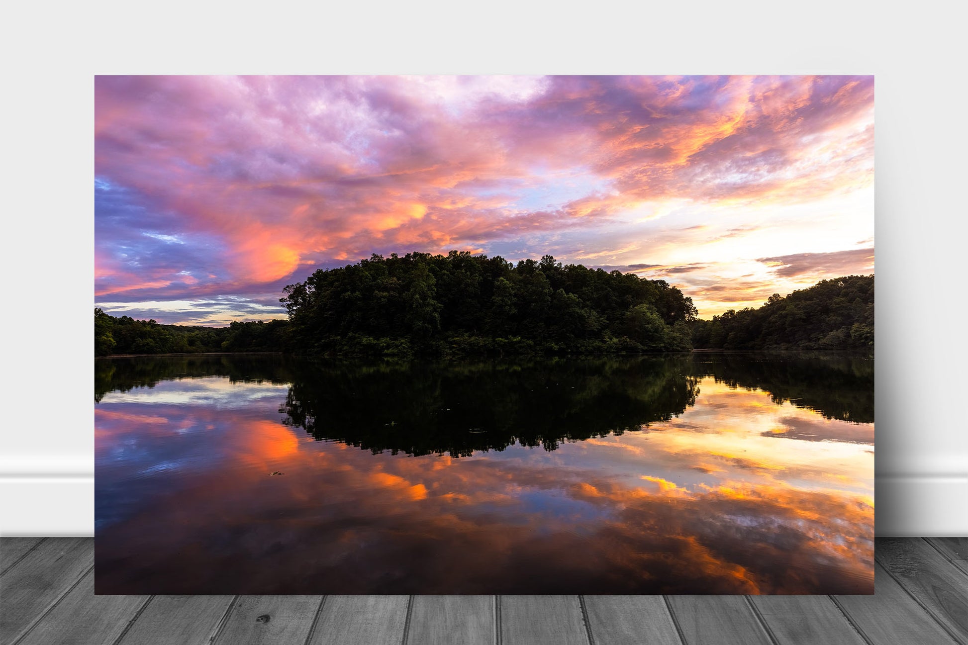 Appalachian landscape aluminum metal print wall art of colorful clouds reflecting off the waters of Lake Woodhaven at sunset on a summer evening in Tennessee by Sean Ramsey of Southern Plains Photography.