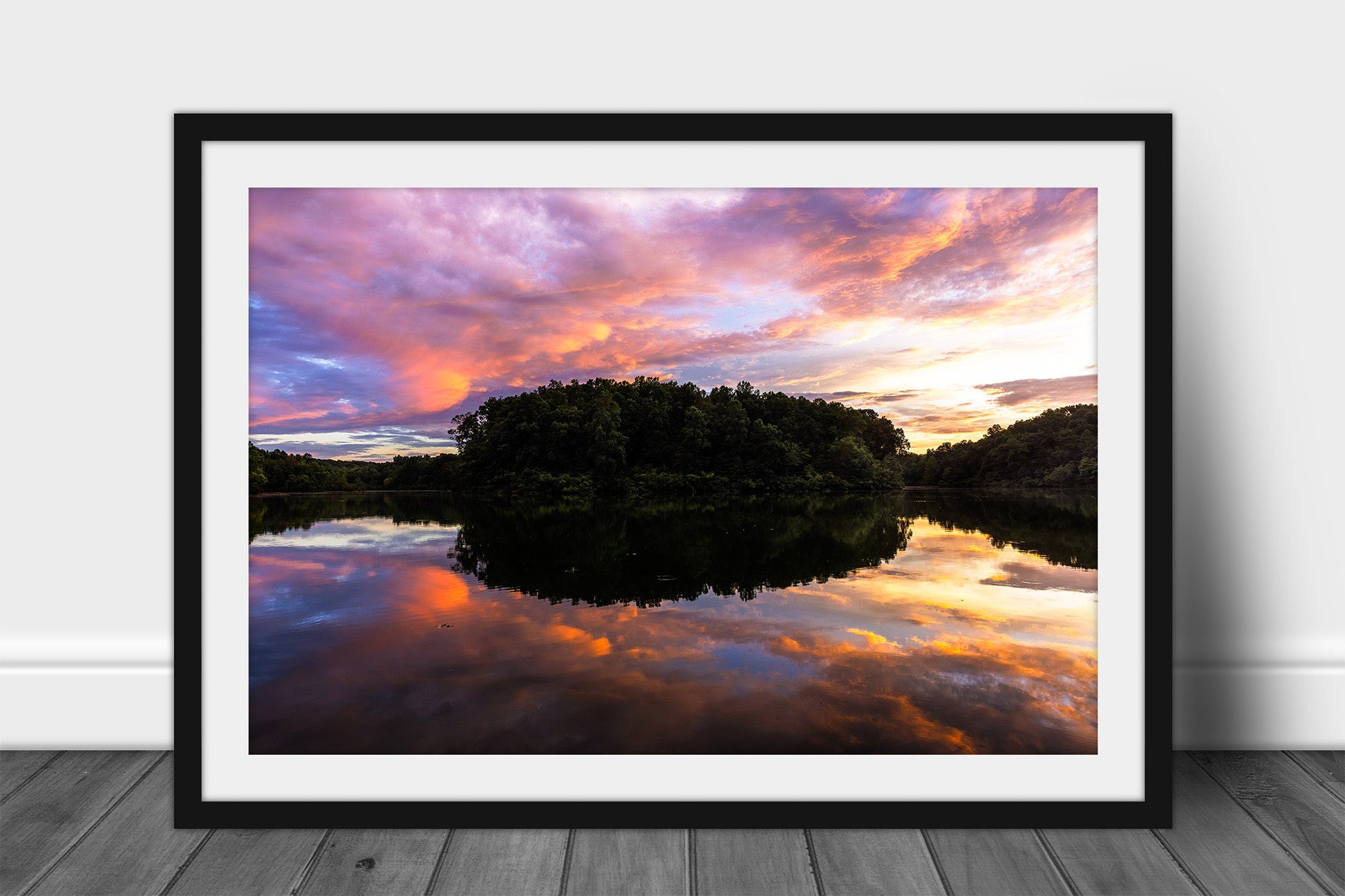 Framed and matted Appalachian landscape print of colorful clouds reflecting off the waters of Lake Woodhaven at sunset on a summer evening in Tennessee by Sean Ramsey of Southern Plains Photography.