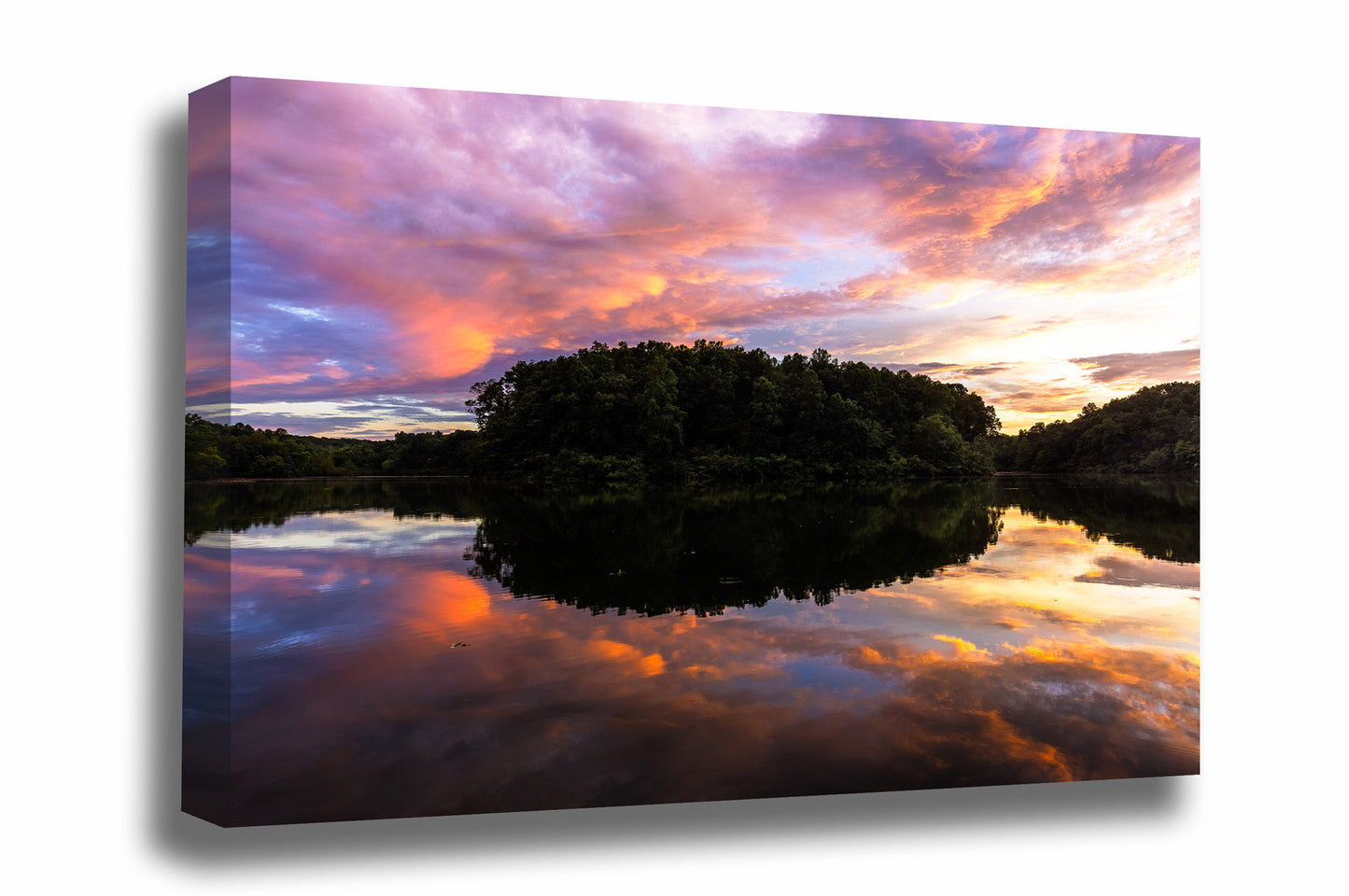 Appalachian landscape gallery wrapped canvas wall art of colorful clouds reflecting off the waters of Lake Woodhaven at sunset on a summer evening in Tennessee by Sean Ramsey of Southern Plains Photography.