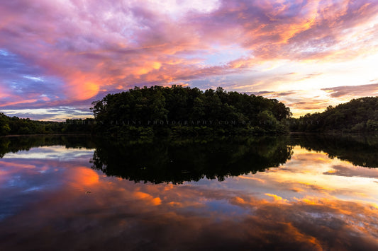 Appalachian landscape photography print of colorful clouds reflecting off the waters of Lake Woodhaven at sunset on a summer evening in Tennessee by Sean Ramsey of Southern Plains Photography.