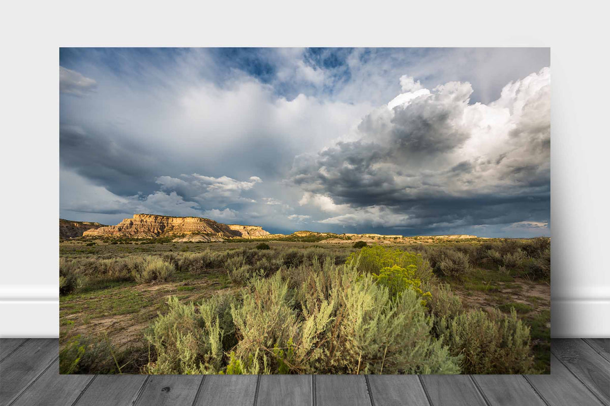 Western landscape aluminum metal print wall art of storm clouds over sagebrush and mesas in New Mexico by Sean Ramsey of Southern Plains Photography.