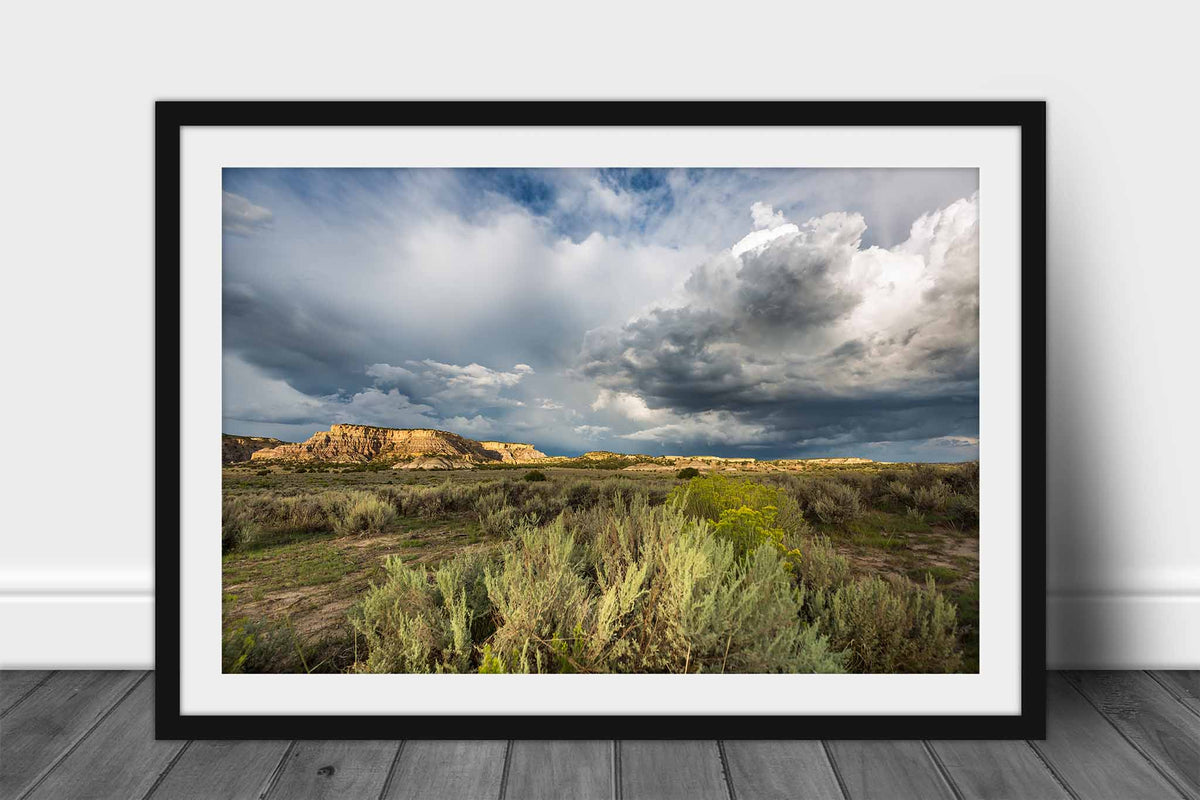 Framed and matted western landscape photography print of storm clouds over sagebrush and mesas in New Mexico by Sean Ramsey of Southern Plains Photography.