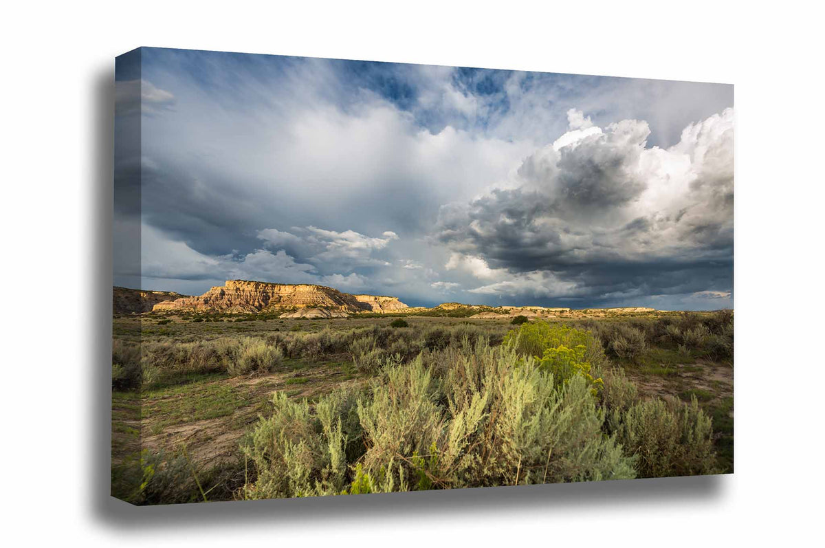 Western landscape gallery wrapped canvas wall art of storm clouds over sagebrush and mesas in New Mexico by Sean Ramsey of Southern Plains Photography.