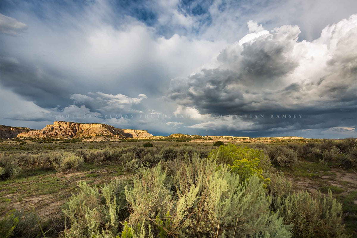 Western landscape photography print of storm clouds over sagebrush and mesas in New Mexico by Sean Ramsey of Southern Plains Photography.