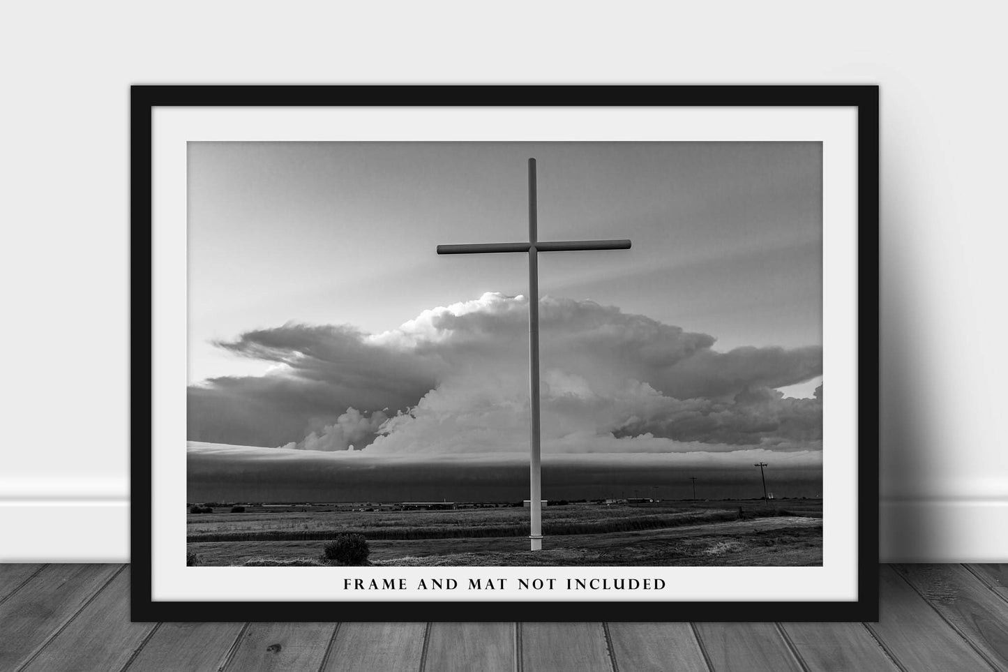 Black and White Picture - Fine Art Photography Print of Cross in Front of Storm Cloud in Oklahoma Spiritual Christian Wall Art Photo Decor