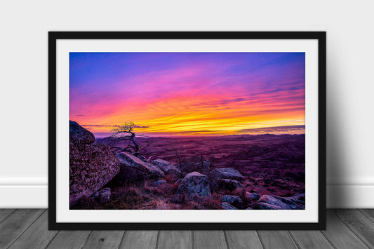 Framed and matted Great Plains print of a vivid sunset taking place from the summit of Mount Scott in the Wichita Mountains of Oklahoma by Sean Ramsey of Southern Plains Photography.