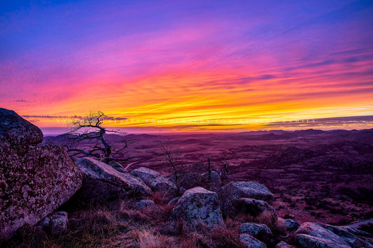 Great Plains photography print of a colorful sunset at the top of Mount Scott in the Wichita Mountains of Southwest Oklahoma by Sean Ramsey of Southern Plains Photography.