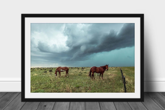 Framed western print wall art of horses going about their business as a powerful storm approaches on the plains of Colorado by Sean Ramsey of Southern Plains Photography.