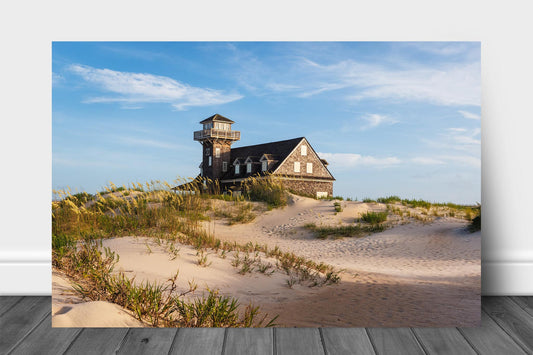 Coastal OBX aluminum metal print wall art of the historic Oregon Inlet Lifesaving Station nestled among sand dunes in the Outer Banks near Rodanthe, North Carolina by Sean Ramsey of Southern Plains Photography.