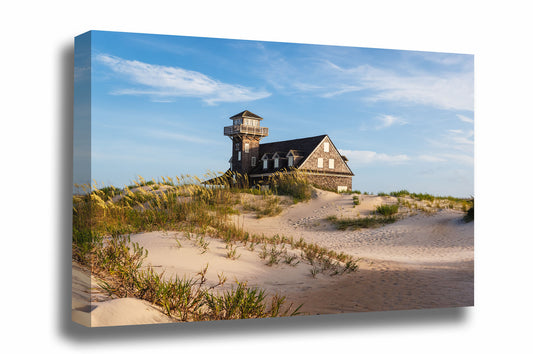 Coastal OBX gallery wrapped canvas wall art of the historic Oregon Inlet Lifesaving Station nestled among sand dunes in the Outer Banks near Rodanthe, North Carolina by Sean Ramsey of Southern Plains Photography.