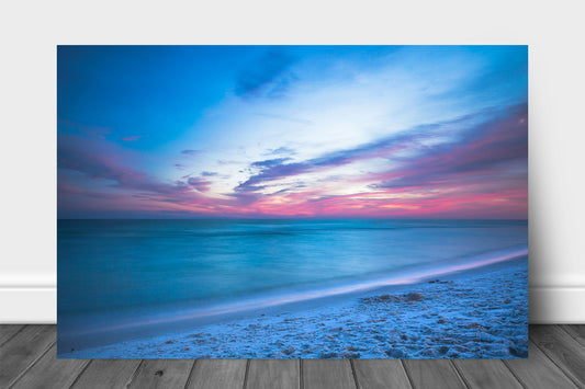 Coastal metal print wall art of a relaxing sunset over the emerald waters of the Gulf Coast along a beach near Destin, Florida by Sean Ramsey of Southern Plains Photography.