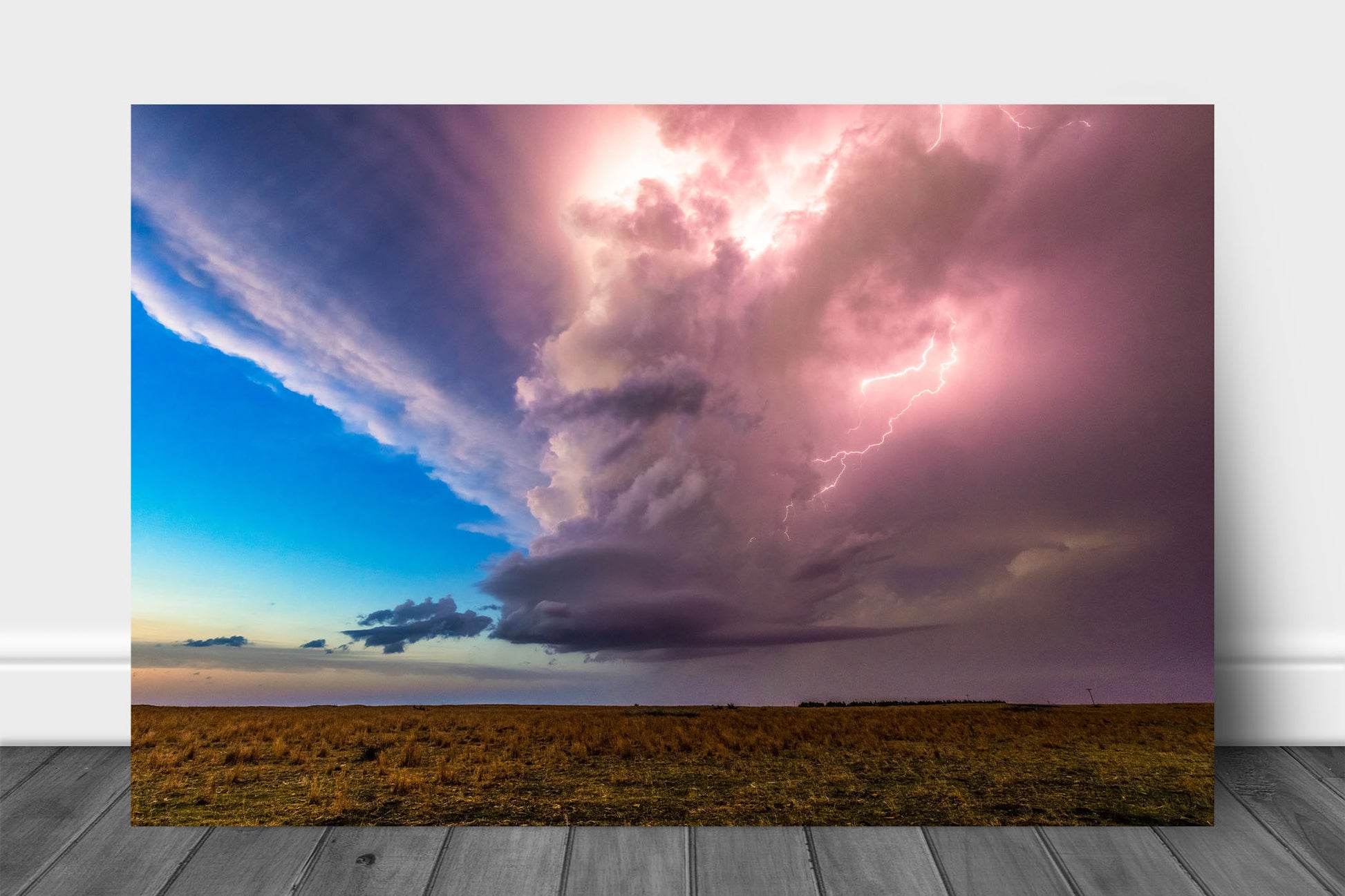 Storm metal print wall art on aluminum of a supercell thunderstorm illuminated by lightning on a stormy spring evening in Kansas by Sean Ramsey of Southern Plains Photography.