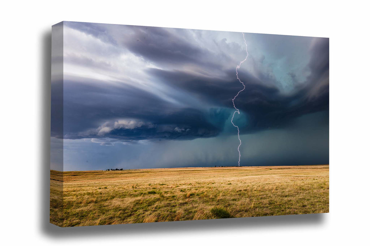 Storm gallery wrapped canvas wall art of a lightning bolt winding its way to the ground from a supercell thunderstorm on a stormy day in Oklahoma by Sean Ramsey of Southern Plains Photography.