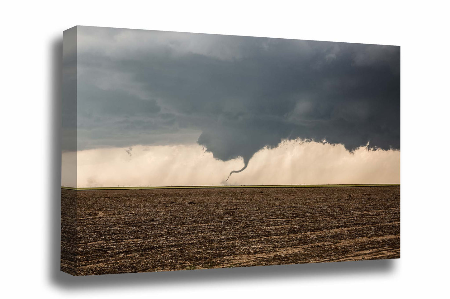 Storm gallery wrapped canvas wall art of a tornado dancing in a dirt field on a stormy spring day in Kansas by Sean Ramsey of Southern Plains Photography.