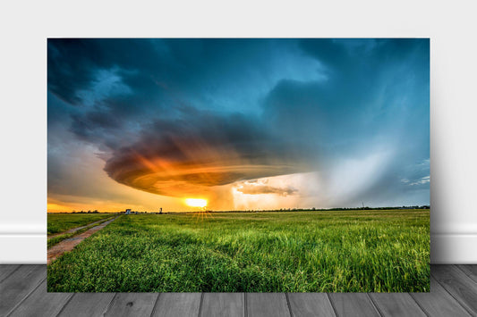 Storm metal print on aluminum of a supercell thunderstorm over an open field at sunset on a spring evening in Oklahoma by Sean Ramsey of Southern Plains Photography.