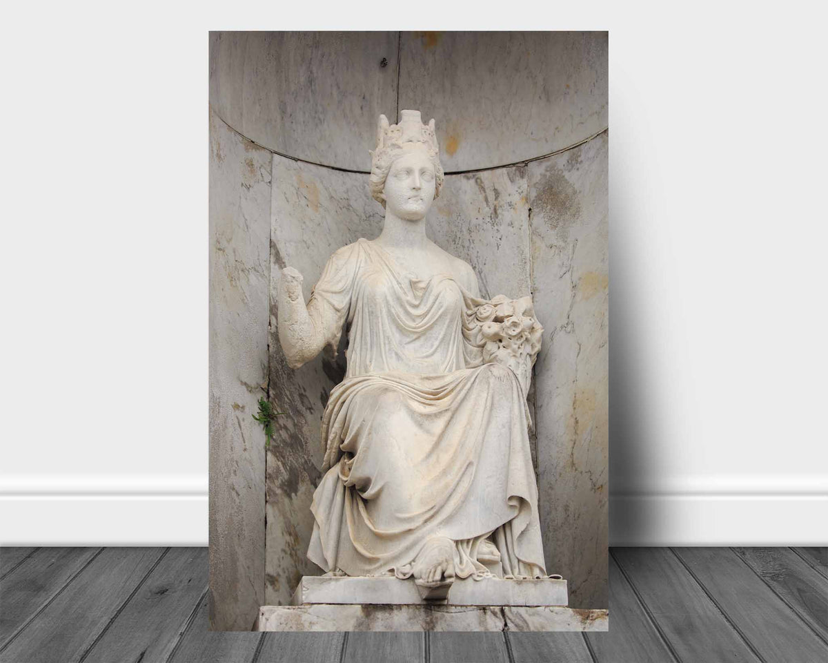 Vertical NOLA aluminum metal print wall art of a statue at a tomb in St. Louis Cemetery No. 1 in New Orleans, Louisiana by Sean Ramsey of Southern Plains Photography.