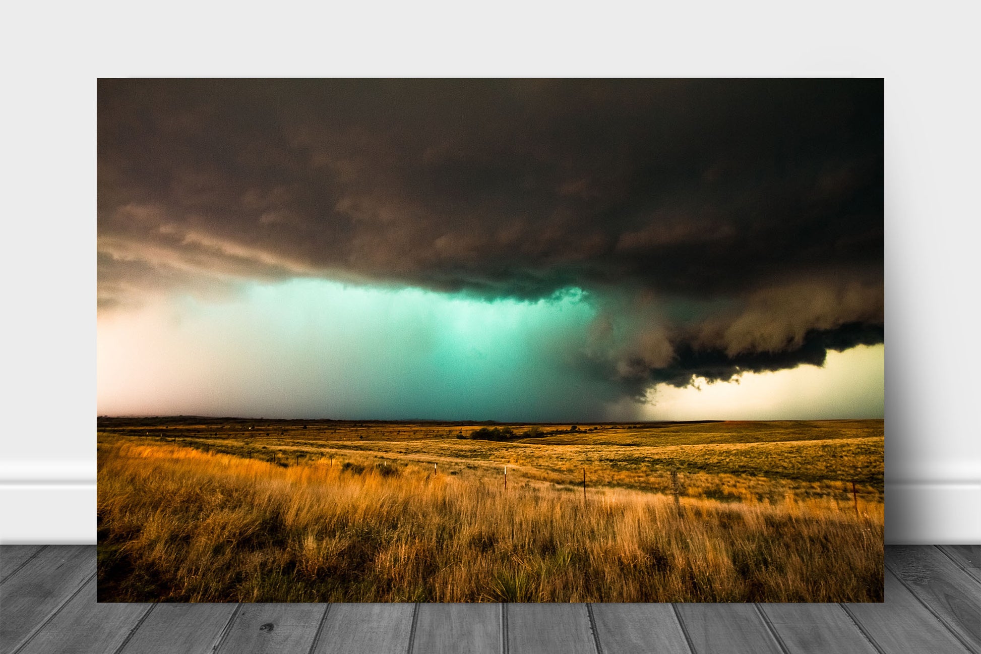 Storm metal print on aluminum of a supercell thunderstorm with a teal hail core over open prairie on a spring day in the Texas panhandle by Sean Ramsey of Southern Plains Photography.