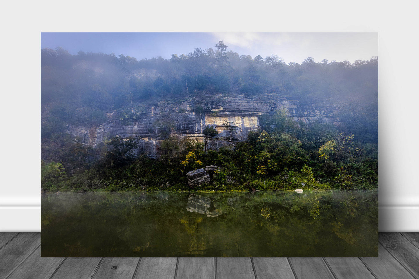 Ozark Mountains aluminum metal print wall art of a foggy rock wall reflecting off the still waters of the Buffalo National River in Arkansas by Sean Ramsey of Southern Plains Photography.