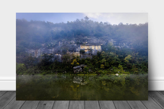 Ozark Mountains aluminum metal print wall art of a foggy rock wall reflecting off the still waters of the Buffalo National River in Arkansas by Sean Ramsey of Southern Plains Photography.