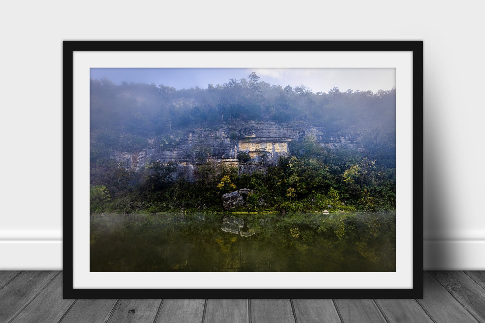 Ozark Mountains framed print of a foggy rock wall reflecting off the still waters of the Buffalo National River in Arkansas by Sean Ramsey of Southern Plains Photography.