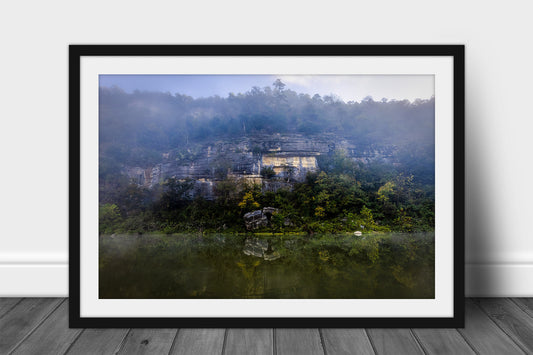 Ozark Mountains framed print of a foggy rock wall reflecting off the still waters of the Buffalo National River in Arkansas by Sean Ramsey of Southern Plains Photography.